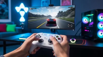 Gamer Focused on Console Racing Game Dynamic Lighting. - Powered by Adobe