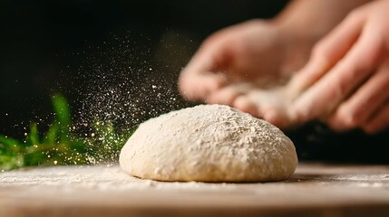 Fototapeta premium Baker dusting flour onto dough with hands in motion