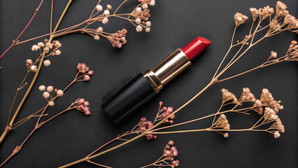 Elegant Red Lipstick Display with Dried Flowers on a Dark Background, a Touch of Glamour with Natural Elements