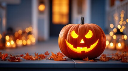 Obraz premium Glowing jack-o'-lantern surrounded by autumn leaves on a porch, with warm lights in the background creating a festive Halloween atmosphere.
