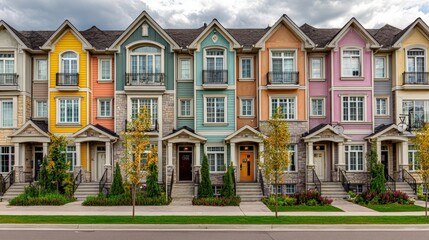Fototapeta premium A row of colorful, modern townhouses with diverse facades, set against a cloudy sky, showcasing urban residential architecture.