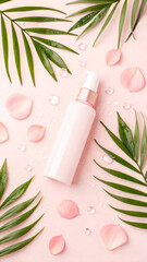 Elegant Skincare Presentation Pink Bottle with Palm Leaves and Rose Petals for a Luxurious Beauty Concept