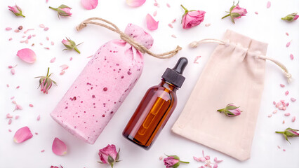 Elegant Spa Day Still Life Pink Rose Petals and Essential Oils for Relaxation and Wellness