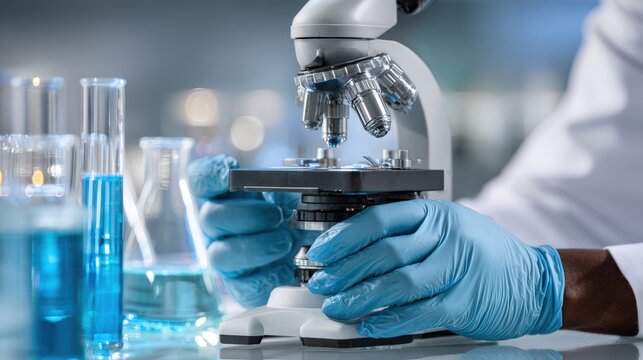 Scientist using a microscope in a laboratory with blue liquid-filled test tubes, wearing blue gloves and a white lab coat.