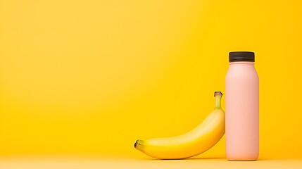 A single banana paired with a pink smoothie bottle on a bright yellow background