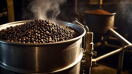 Coffee beans roast in a large drum with heat and smoke, captured in an artisanal coffee roastery setup.