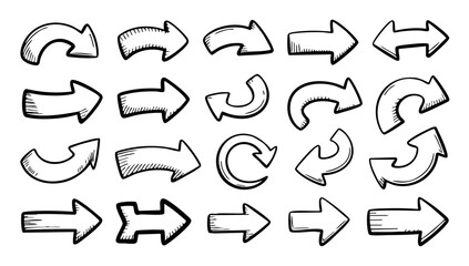 Hand drawn arrow vector set, doodle arrows collection, sketch arrow design elements for creative projects 