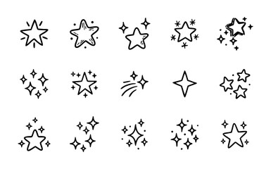 Collection of hand drawn star doodles, celestial starbursts, twinkle stars, and night sky star icons vector 