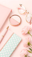 Feminine Workspace Flat Lay with Pink Stationery, Rose Gold Accents and Delicate Light Pink Flowers