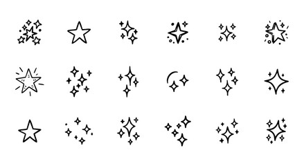 Doodle star vector set hand drawn starburst sparkle light effect decoration elements isolated on white background 
