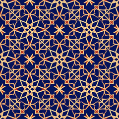 A geometric pattern featuring intricate designs in warm tones on a dark background.