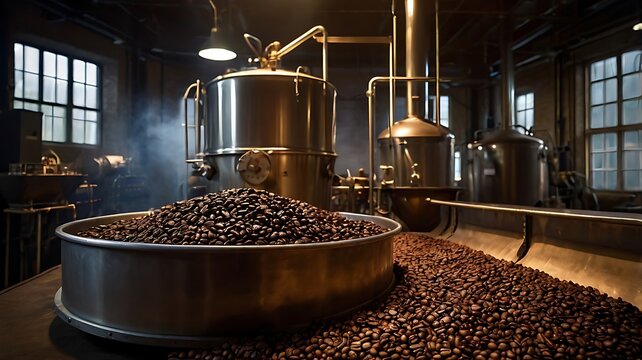Coffee beans roast in a large drum with heat and smoke, captured in an artisanal coffee roastery setup.