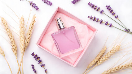 Elegant Still Life of Lavender Perfume in Pink Box with Lavender and Wheat Accents Flat Lay Aesthetic