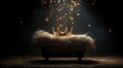 A golden crown rests on hay in a wooden manger, illuminated by soft, glowing lights against a dark background, creating a mystical atmosphere.
