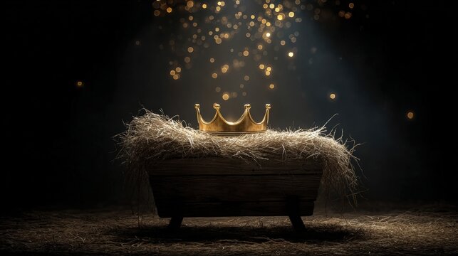 A golden crown rests on hay in a wooden manger, illuminated by soft, glowing lights against a dark background, creating a mystical atmosphere.