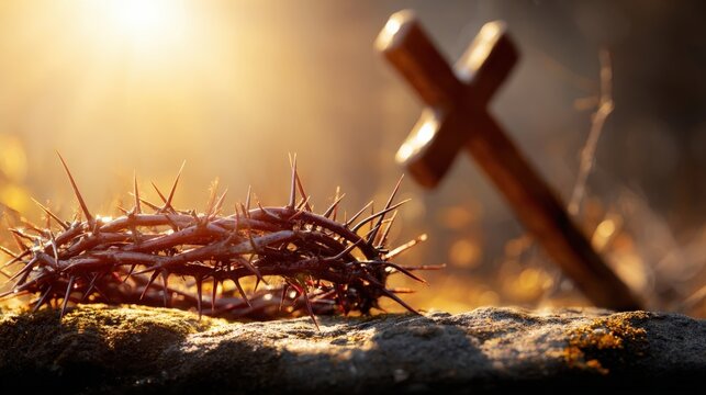 A crown of thorns rests on a stone surface with a blurred wooden cross in the background, illuminated by warm sunlight. - Powered by Adobe