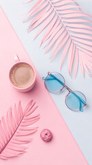 Pastel Aesthetic Still Life Featuring Coffee Sunglasses and Tropical Leaves a Summery and Visually Appealing Composition for Social Media