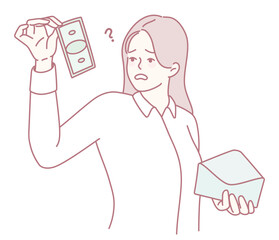 A woman looks puzzled and uncertain while holding cash and a box, reflecting the challenges of financial uncertainty