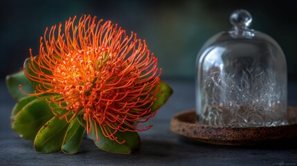Close-up of an orange pincushion protea flower with lush green leaves beside a glass cloche on a textured dark surface.