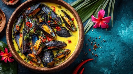 Mussels in a vibrant yellow curry sauce garnished with red chili and herbs, served in a wooden bowl with tropical decor on a textured blue background.