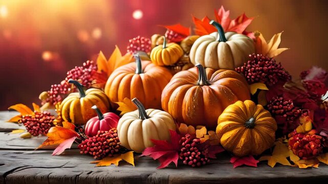 video of Festive autumn or Thanksgiving arrangement with pumpkins, colorful leaves, and berries on a wooden table. Seasonal background with copy space&mdash;ideal for a banner