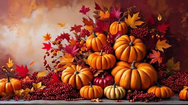 video of Festive autumn or Thanksgiving arrangement with pumpkins, colorful leaves, and berries on a wooden table. Seasonal background with copy space&mdash;ideal for a banner