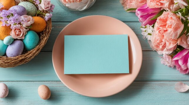A pastel-themed Easter setup with colorful eggs, flowers, and a blank blue card on a peach plate on a wooden table.
