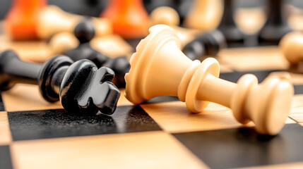 black chess king lying on chess board with white pawn upright next to it