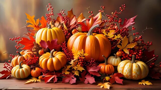 video of Festive autumn or Thanksgiving arrangement with pumpkins, colorful leaves, and berries on a wooden table. Seasonal background with copy space&mdash;ideal for a banner