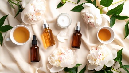 Elegant Flat Lay of Skincare Product, Tea, and Peony Flowers on Silk