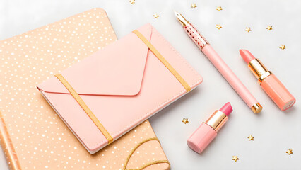 Pink Stationery and Cosmetics Flat Lay Composition Elegant Desk Essentials