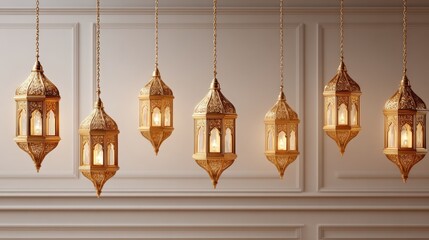 Obraz premium Elegant golden lanterns hanging in a row, casting warm light and intricate shadows on a white paneled wall.