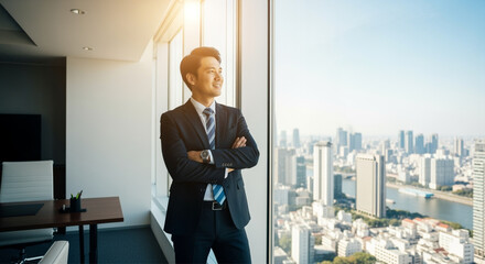 Confident Asian businessman dressed in formal suit looks out panoramic window with smile.