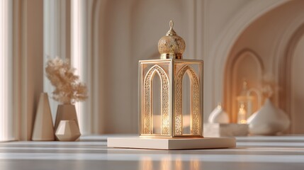 Elegant gold lantern with intricate patterns, set in a softly lit room, creating a warm and inviting atmosphere.
