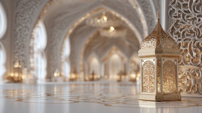 Ornate golden lantern in a lavishly decorated hall with intricate patterns and soft lighting, evoking a sense of elegance and luxury.