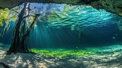 Sunlight filtering underwater spring