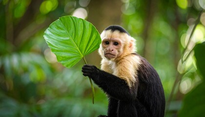 Fototapeta premium Curious White Faced Capuchin Monkey Holding a Leaf in Tropical Jungle