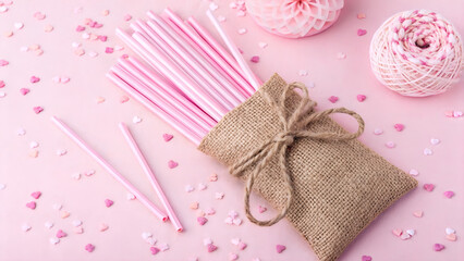 Pink Straws in Burlap Bag on Pink Background with Heart Sprinkles and Decorations for a Sweet Celebration