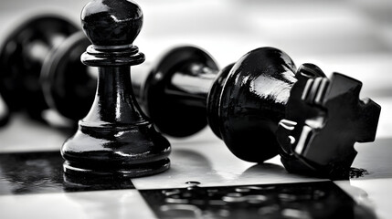 black chess king lying on chess board with white pawn upright next to it