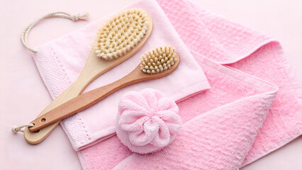 Spa Day Essentials Pink Towels Brushes and Loofah for Relaxation and Wellness