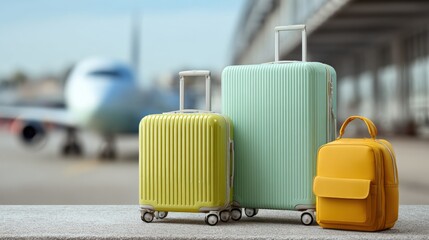 Colorful luggage and backpack on a platform with a blurry airplane in the background, symbolizing travel and adventure.