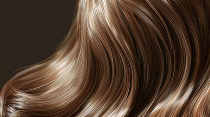 Long, wavy hair in beautiful shades of rich brown, healthy, voluminous texture and a luxurious appearance against a dark background. AI generated