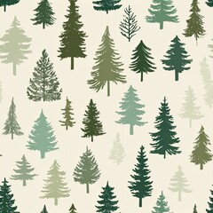 Obraz premium Seamless forest pattern of stylized Christmas tree silhouettes in shades of green on a cream background, minimalist