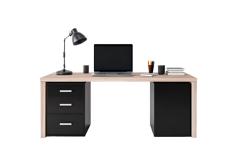 Modern office desk setup with laptop, lamp, and books on wooden surface on transparent background, PNG