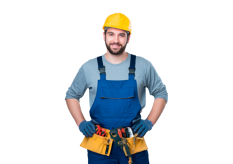 Young man construction worker in blue overalls and yellow hard hat smiling on transparent background, PNG