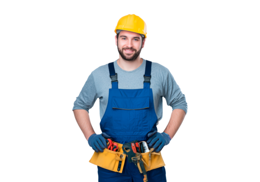 Young man construction worker in blue overalls and yellow hard hat smiling on transparent background, PNG