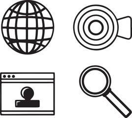 Digital Line Icons Set – Globe, Webcam, Webpage, and Search Icons in Black Outline

