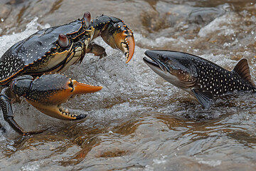 A crab interacting with a fish in a playful or dramatic composition 