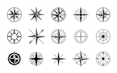 Obraz premium Compass Rose Icon Set – Silhouettes of Navigational Stars and Directional Symbols