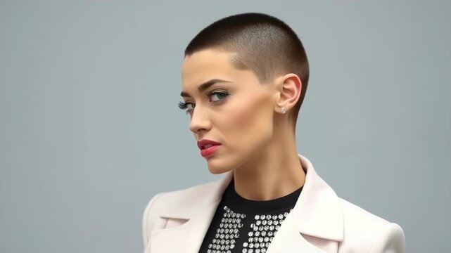 A stylish woman with a buzz cut hairstyle and bold makeup looks confidently at the camera